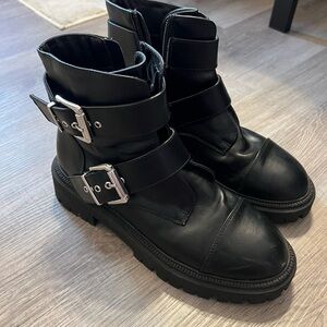Black Buckle Strap Ankle Boots